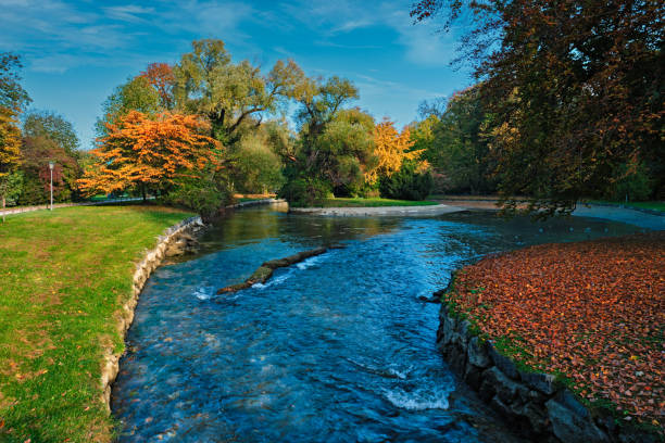 otoño dorado otoño octubre en el famoso lugar de relax munich - englishgarten. munchen, baviera, alemania - englischer garten fotografías e imágenes de stock