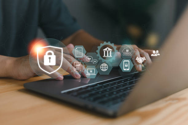 istock Cybersecurity concept With global network security technology, business people protect personal information. Encryption with a padlock icon on the virtual interface. 1443690805