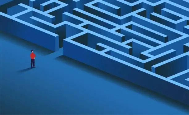 Vector illustration of Isometric maze, 3d business labyrinth. Puzzle ideas with success man, leadership game, strategy to achieve goal. Difficult career path. Find decision. Vector illustration tidy concept
