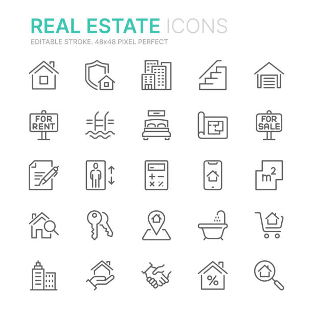 Collection of real estate related outline icons. 48x48 Pixel Perfect. Editable stroke Collection of real estate related outline icons. 48x48 Pixel Perfect. Editable stroke housing development stock illustrations