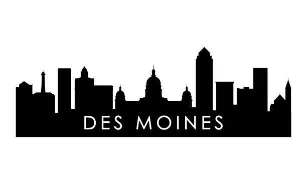 Des moines skyline silhouette. Black Des moines city design isolated on white background. Des moines skyline silhouette. Black Des moines city design isolated on white background. iowa stock illustrations