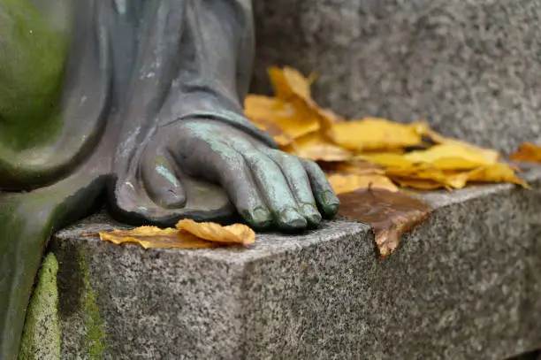 the hand of an angel figure on a stone with autumn leaves in a cemetery