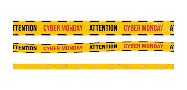 Vector illustration of Cyber monday big sale stripes set. Warning tapes set for awareness zone sign, marketing advertising, discounts area, decoration element for banners, posters. Vector illustaration