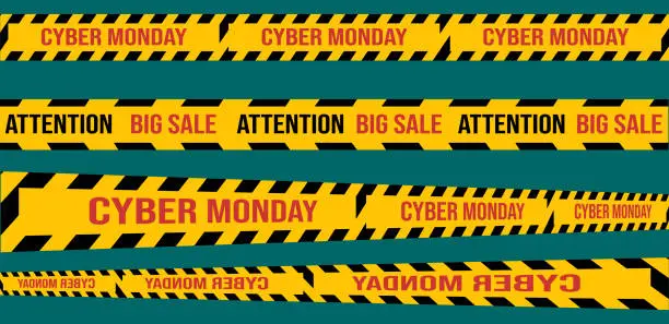 Vector illustration of Cyber monday big sale stripes set. Warning tapes set for awareness zone sign, marketing advertising, discounts area, decoration element for banners, posters. Vector illustaration