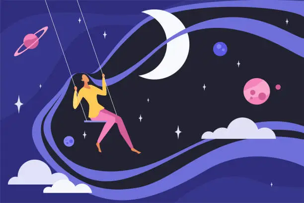 Vector illustration of Deep sleep, meditation and dreams of girl sitting on swing, swinging and flying in sky