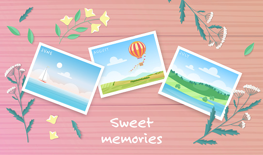 Summer travel memories album design vector illustration. Cartoon photos from vacations on wooden board with herbs, sailboat in blue waters of sea, hot air balloon in sky and landscape summertime