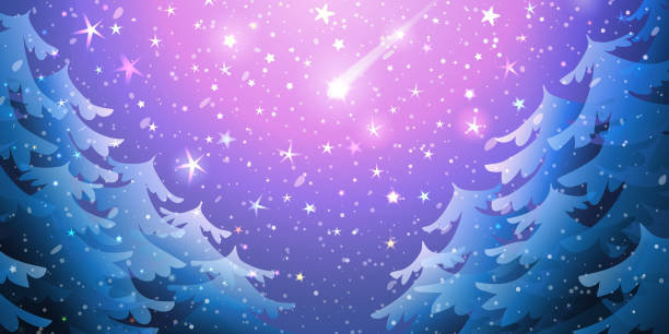 illustrations, cliparts, dessins animés et icônes de paysage forestier d’hiver et étoile filante dans le ciel - illustration and painting panoramic sky snow