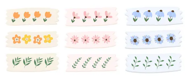 Vector illustration of Set of cute washi tape with floral and leaves theme. Orange, pink and blue washi tape.