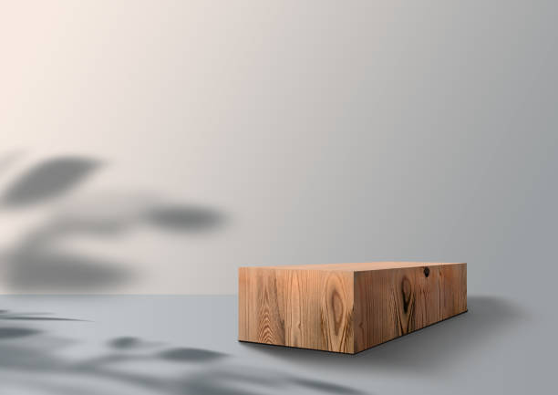 istock Wooden exhibition podium. 3D Background. Leave shadow. Tropical branch. Beige Backdrop. 3D rendering 1443711387