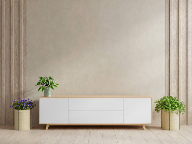 istock Cabinet in living room interior wall mockup on concrete wall. 1443712918