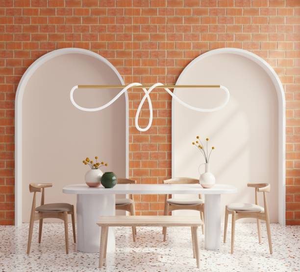 istock Modern dining room interior design with white wall in scandi style. 1443712961