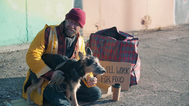 A beggar and a stray dog are getting money from strangers