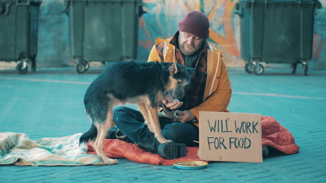 A homeless man is feeding his dog in the street