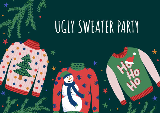 illustrazioni stock, clip art, cartoni animati e icone di tendenza di striscione con maglioni per brutta festa di natale. - ugly sweater