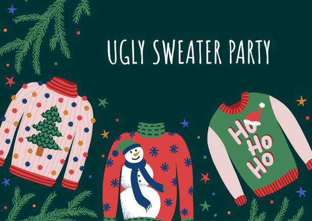 Banner with sweaters for ugly Christmas party. Banner with sweaters for ugly Christmas party. Warm knitted jumpers with different cute prints and ornaments. Vector design for flyers, posters, greeting cards. multiple christmas trees stock illustrations