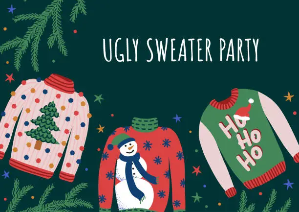 Vector illustration of Banner with sweaters for ugly Christmas party.