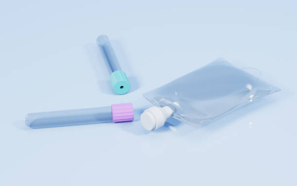 istock Vacuum sampling vessel and infusion bag in the blue background,3d rendering. 1443719337