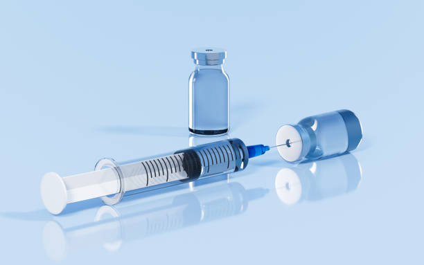 istock Ampoules and syringes in the lab, 3d rendering. 1443719355