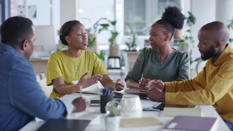 Business meeting, marketing team and team together for planinng, talking and discussion for strategy, vision and mission for innovation. Leader, women and men together for growth development ideas