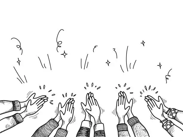 Vector illustration of hand drawn of hands clapping ovation. applause, thumbs up gesture on doodle style. vector illustration