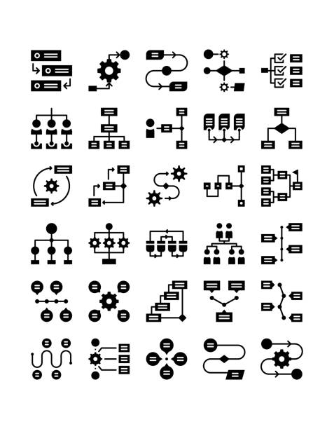 ilustraciones, imágenes clip art, dibujos animados e iconos de stock de flujo de trabajo empresarial silueta negro sólido glifo icono pack - flow chart