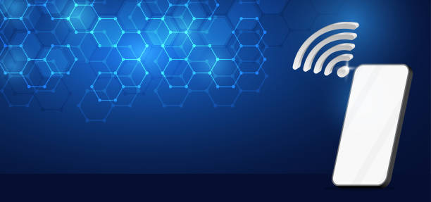 istock Technology and futuristic background with smartphone, Wi-Fi symbol on blue background. Vector illustration 1443736848