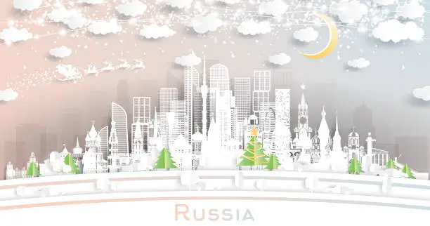 Vector illustration of Russia Winter Skyline in Paper Cut Style with Snowflakes, Moon and Neon Garland.