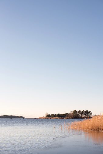 view from the beach to the autumn-winter archipelago on a beautiful sunny day