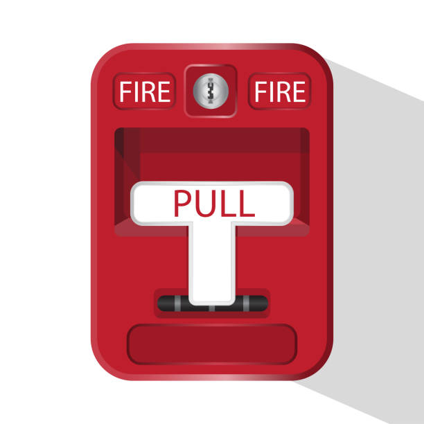 Fire Equipment Red fire alarm box for warning and security system. Pull danger fire safety box. Fire Equipment on white background and long shadow. vector,illustrator emergency break glass box stock illustrations