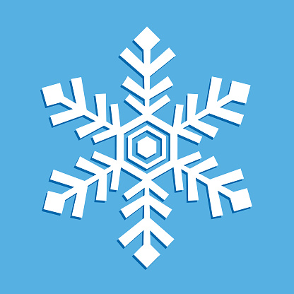 Vector illustration of a white snowflake with a shadow on a square blue background.