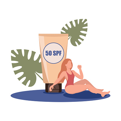 A girl in a swimsuit sits next to sunscreen. vector illustration