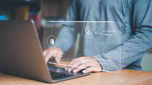 istock Cybersecurity Management with Online Authentication Technology Businessmen use laptops to log in with encryption. and through authorization and authentication from the database,verify your privacy 1443747171