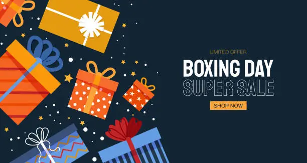 Vector illustration of Boxing Day Concept. Different gift boxes for Santa Claus presents. Happy New Year. Winter holidays. Flat style