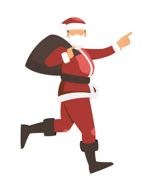 Vector illustration of flat character, vector illustration. Running Santa Claus with gift bag