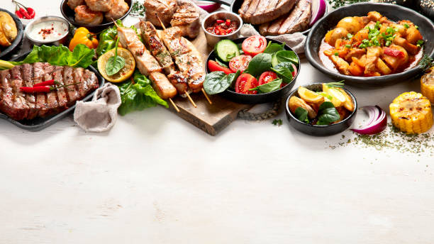 istock Meat dishes. Plates of various meat 1443747962