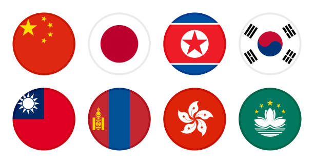 ilustraciones, imágenes clip art, dibujos animados e iconos de stock de bandera de asia oriental. banderas de china, japón, corea del norte, corea del sur, taiwán, mongolia, hong kong y macao. ilustración vectorial aislada sobre fondo blanco - japanese flag japan flag white