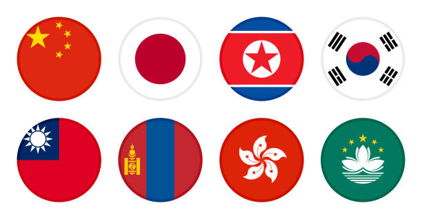 illustrations, cliparts, dessins animés et icônes de drapeau de l’asie de l’est. drapeaux de la chine, du japon, de la corée du nord, de la corée du sud, de taïwan, de la mongolie, de hong kong et de macao. illustration vectorielle isolée sur fond blanc - south korea south korean flag korea flag