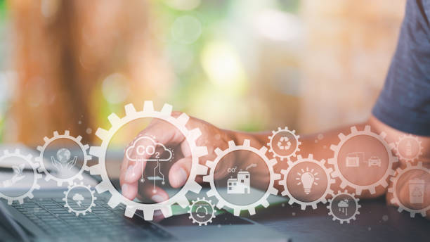 istock Industrial emissions pollute the environment and ecology. including climate change ,Carbon Reduction Agreement from Renewable Energy Reduce greenhouse gas emissions,man and laptop on table 1443751596
