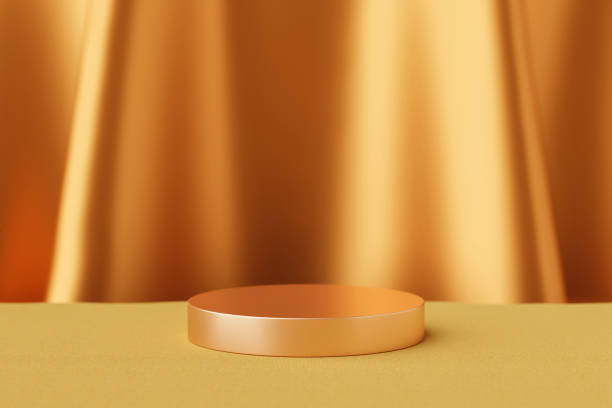 istock Gold podium elegant fabric background of luxury empty presentation studio product decoration or show stand golden pedestal shiny satin fashion and abstract 3d stage scene display on premium backdrop. 1443752039