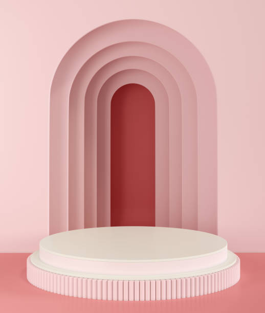 istock 3d rendering geometric forms. Blank podium display in light pink color. Minimalist pedestal or showcase scene for present product and mock up. Abstract background for cosmetic advertising. 1443753536