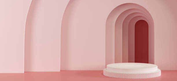 istock 3d rendering geometric forms. Blank podium display in light pink color. Minimalist pedestal or showcase scene for present product and mock up. Abstract background for cosmetic advertising. 1443753540