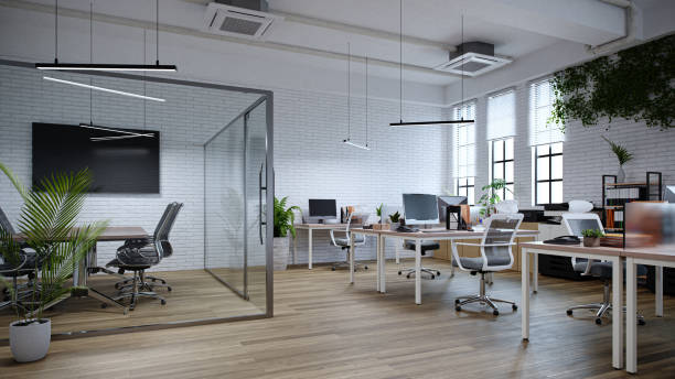 istock Neat office interior with brick and wooden floor, 3d rendering 1443753577