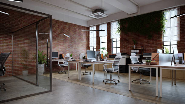 istock Neat office interior with brick and concrete floor, 3d rendering 1443753578