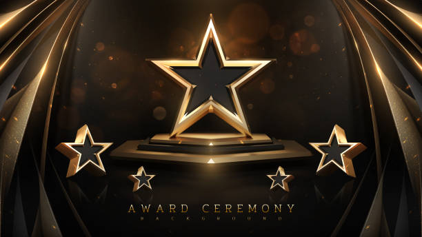 istock Award ceremony background with 3d gold star and ribbon element and glitter light effect decoration. 1443754423