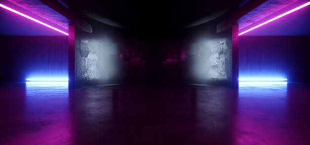 istock Futuristic Sci Fi Concrete Grunge Garage Underground Hangar Basement Showroom Parking Stage Tunnel Corridor Cyber Glowing Neon Strips Dark 3D Rendering 1443754586