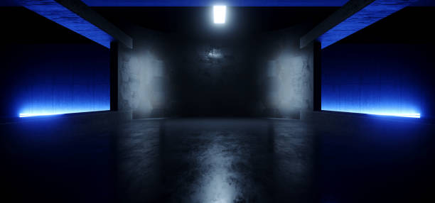 istock Futuristic Sci Fi Concrete Grunge Garage Underground Hangar Basement Showroom Parking Stage Tunnel Corridor Cyber Glowing Neon Strips Dark 3D Rendering 1443754610