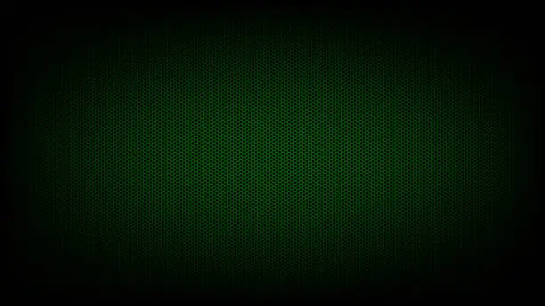 Vector illustration of Textured background from dark metal mesh with green lit in center. Layer to overlay on photos and videos. Vector.