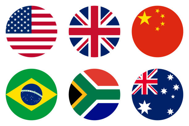 ilustrações, clipart, desenhos animados e ícones de conjunto de sinalizador de ícone redondo. estados unidos da américa, reino unido, china, brasil, áfrica do sul e bandeiras da austrália. isolado no fundo branco - flag british flag england push button