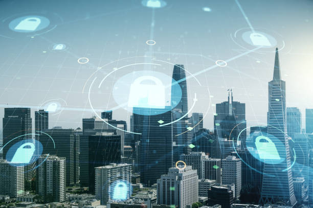 istock Virtual creative lock symbol and microcircuit illustration on San Francisco skyline background. Protection and firewall concept. Multiexposure 1443754923