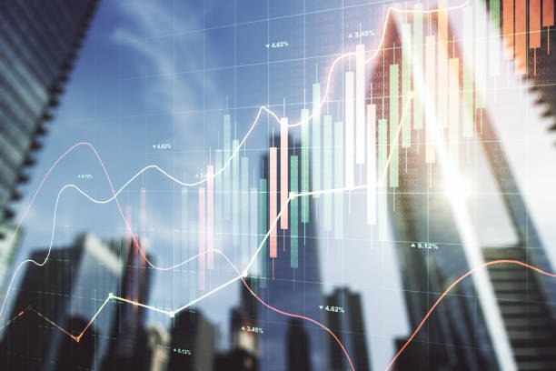 istock Double exposure of abstract financial graph on office buildings background, forex and investment concept 1443754947